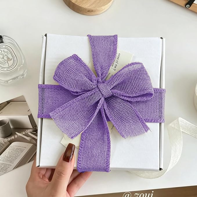 Purple Burlap Ribbon 1-1/2 in X 10 Yard Purple Linen Wired Ribbon | Natural - Image 4