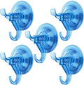 Antimbee Suction Hooks, 5 Pack Clear Hanger, Removable Small Suction Cups for Shower, Bathroom, Glass, Door, Windows, Kitchen - Up to 11 lbs on Smooth Surface - 2 Hooks Design (Transparent Blue)