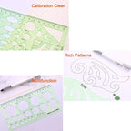 11 Piece Geometric Drawing Template Measuring Ruler, Transparent Green Plastic - Image 5