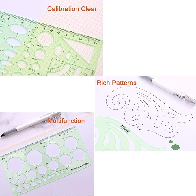 11 Piece Geometric Drawing Template Measuring Ruler, Transparent Green Plastic - Image 5