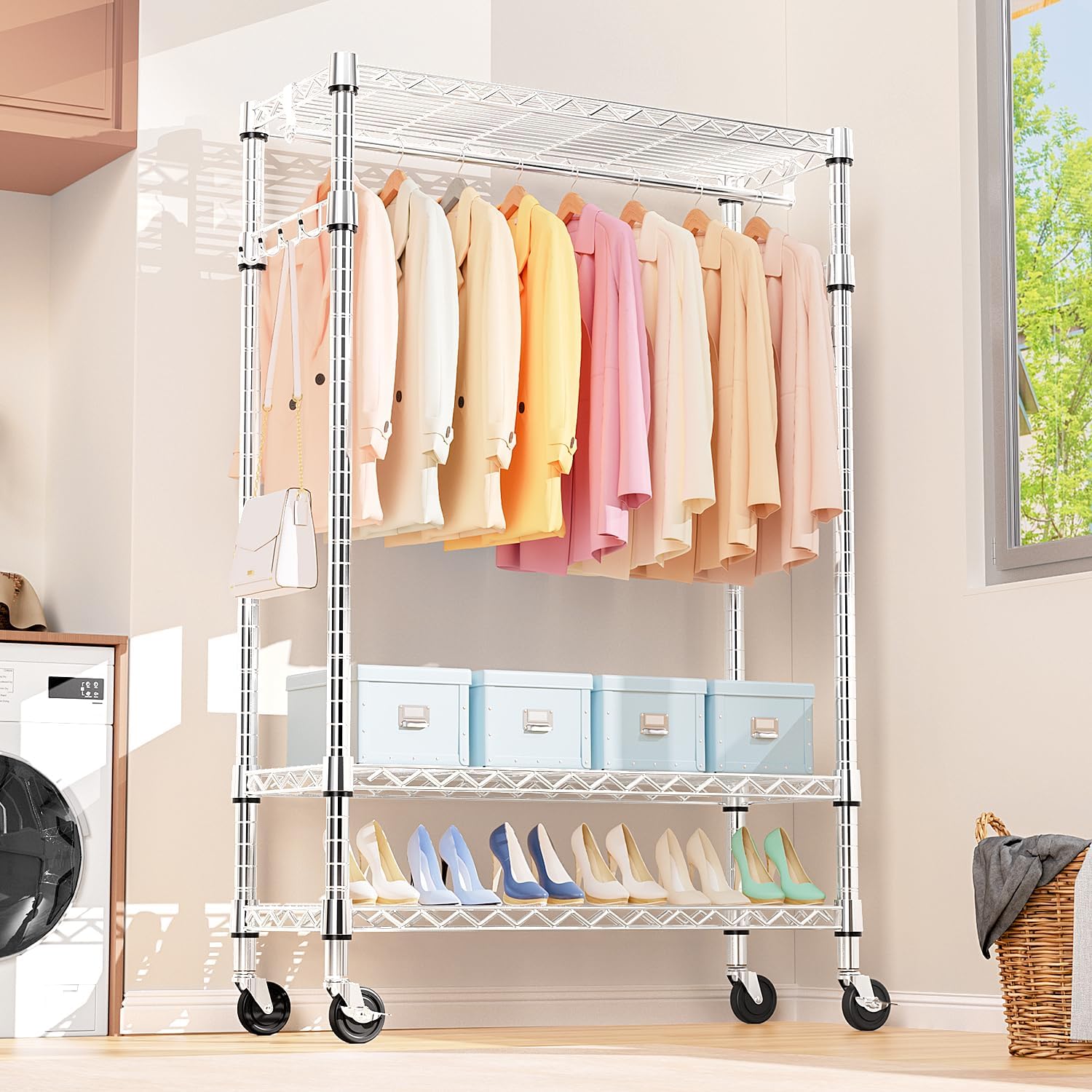 Heavy Duty Rolling Garment Rack 3 Tiers Adjustable Wire Shelving Clothes Rack with Rods and Side Hooks,Storage Closet Clothing Rack with Wheels Chrome 17.7" D x 47.2" W x 83.6" H