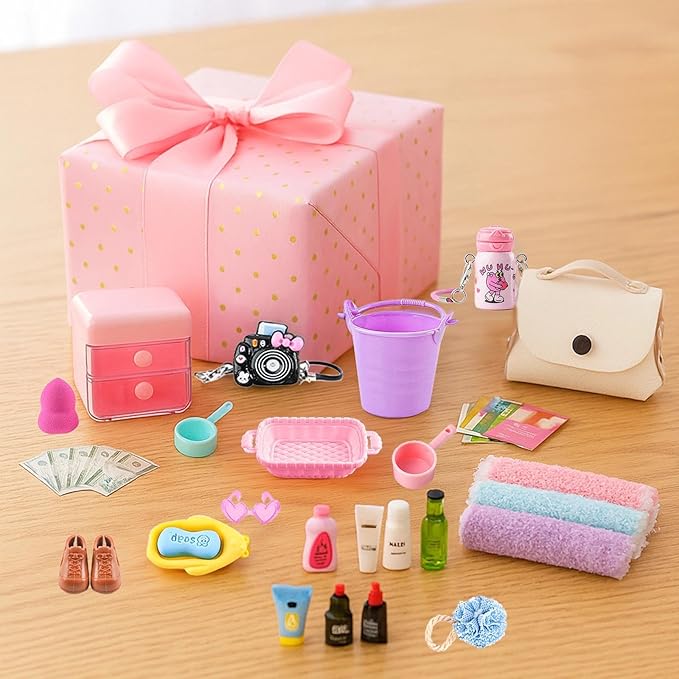 118Pcs Dollhouse Mini Jewelry Storage Case Cosmetic Hand Bag Towel Bathroom Set - Image 6