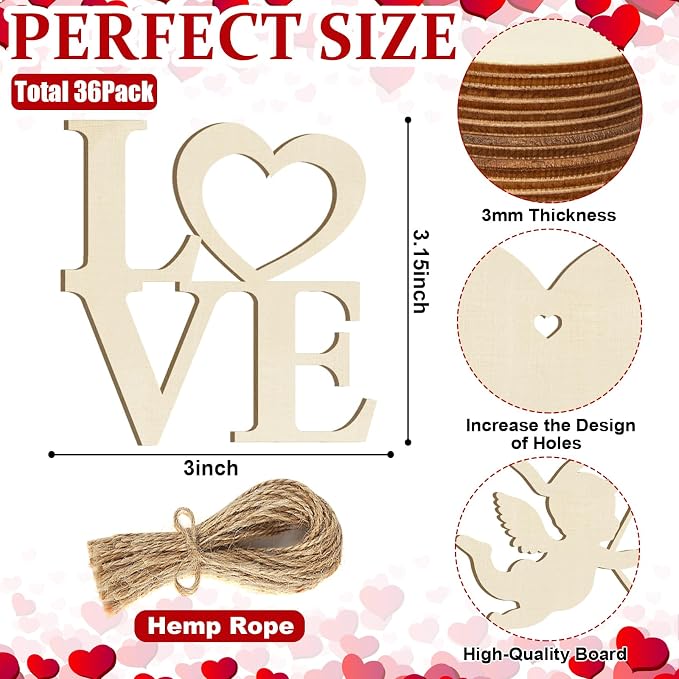 36PCS Wooden Heart Ornaments to Paint Valentine's Day Craft, 9 Styles DIY Blank - Image 2