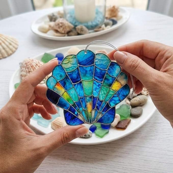 Beach Gifts for Women Acrylic Faux Stained Glass Ornament, Seashell Coastal - Image 9