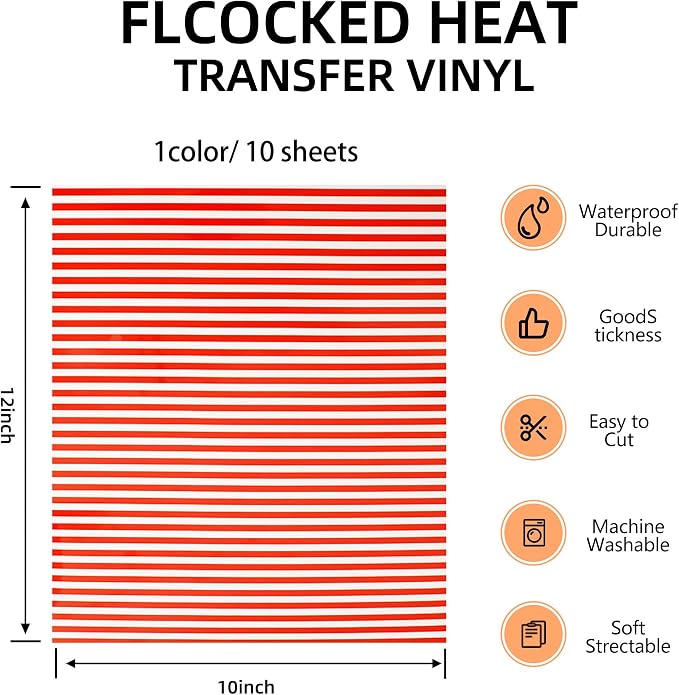 FUNKAKA Red Stripe Heat Transfer Vinyl HTV 10 Sheets 12" x 10" Iron on Vinyl - Image 2