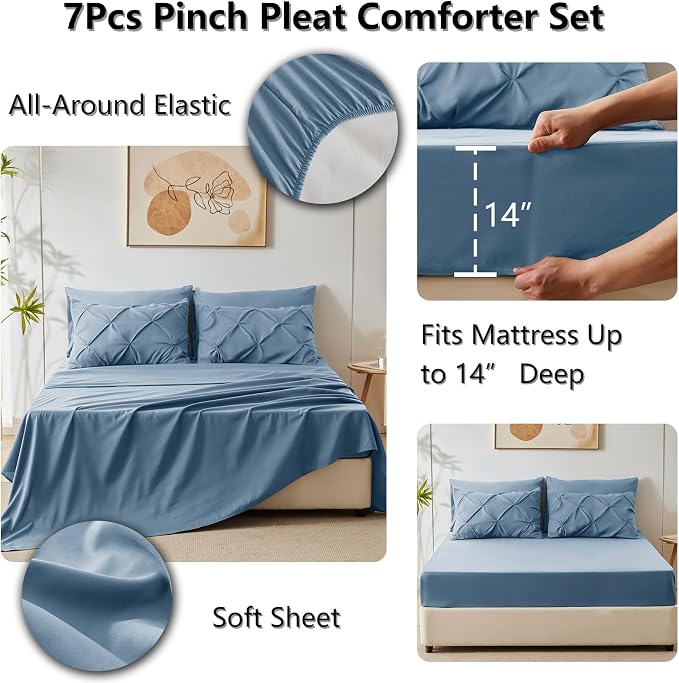 HIMEET Pintuck Bed in a Bag, 7 Pieces California King Comforter Set Grayish Blue - Image 6