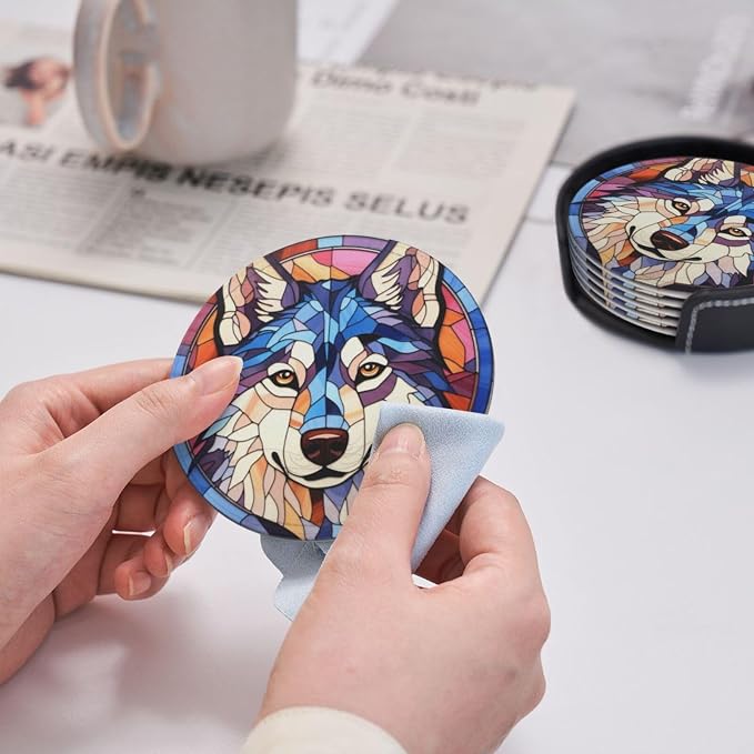 Drink Coaster Set of 6, Siberian Husky Dog Mom Lover Gift, Leather Drink - Image 7