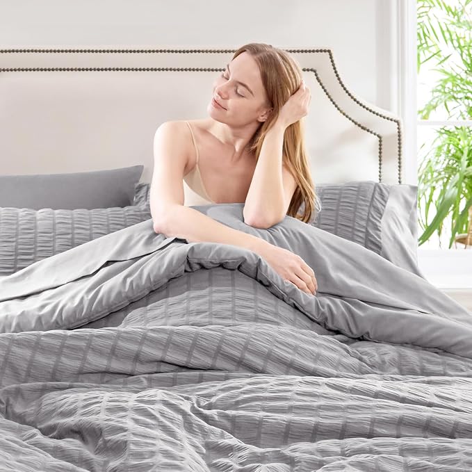 CozyLux King Size Comforter Set Grey Seersucker 7 Pieces Bed in a Bag King - Image 5