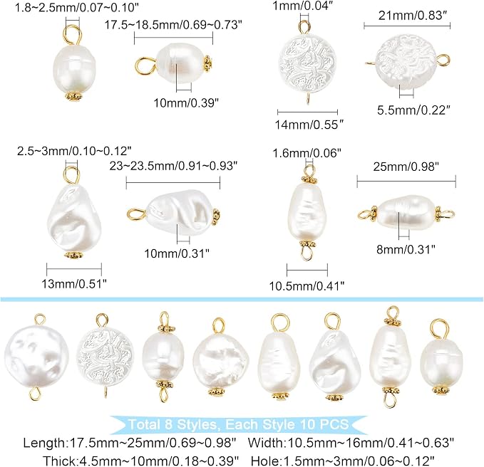 PandaHall 80Pcs Pearl Pendant Connectors, 8 Style Irregular Pearl Bead Links - Image 4
