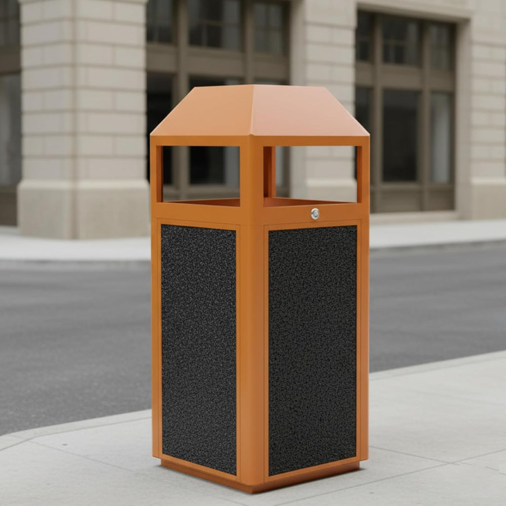 Commercial Metal Outdoor Trash Can with Lid, Lockable Outdoor Garbage Can with Nature Stone Panels, Heavy-Duty Rustproof Trash Bin with Removable Liner for Parks & Public Spaces
