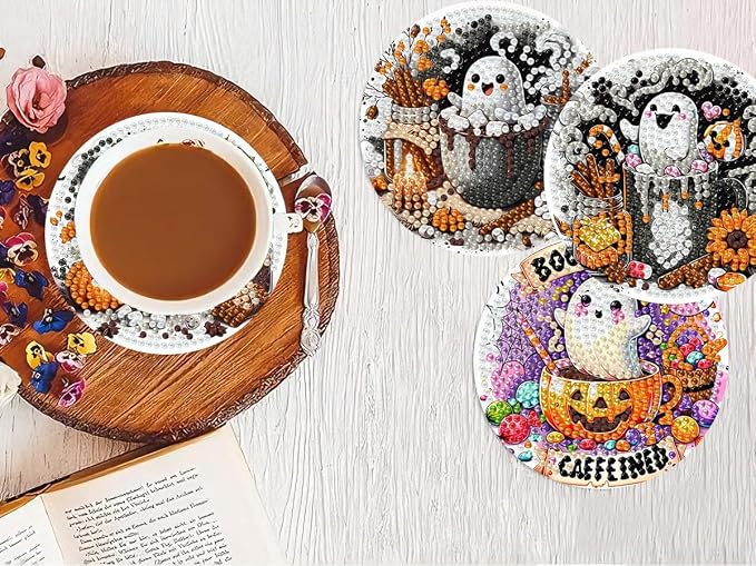 8 PCS Halloween Diamond Art Coasters Kits, Ghost Diamond Painting Coaster | - Image 7