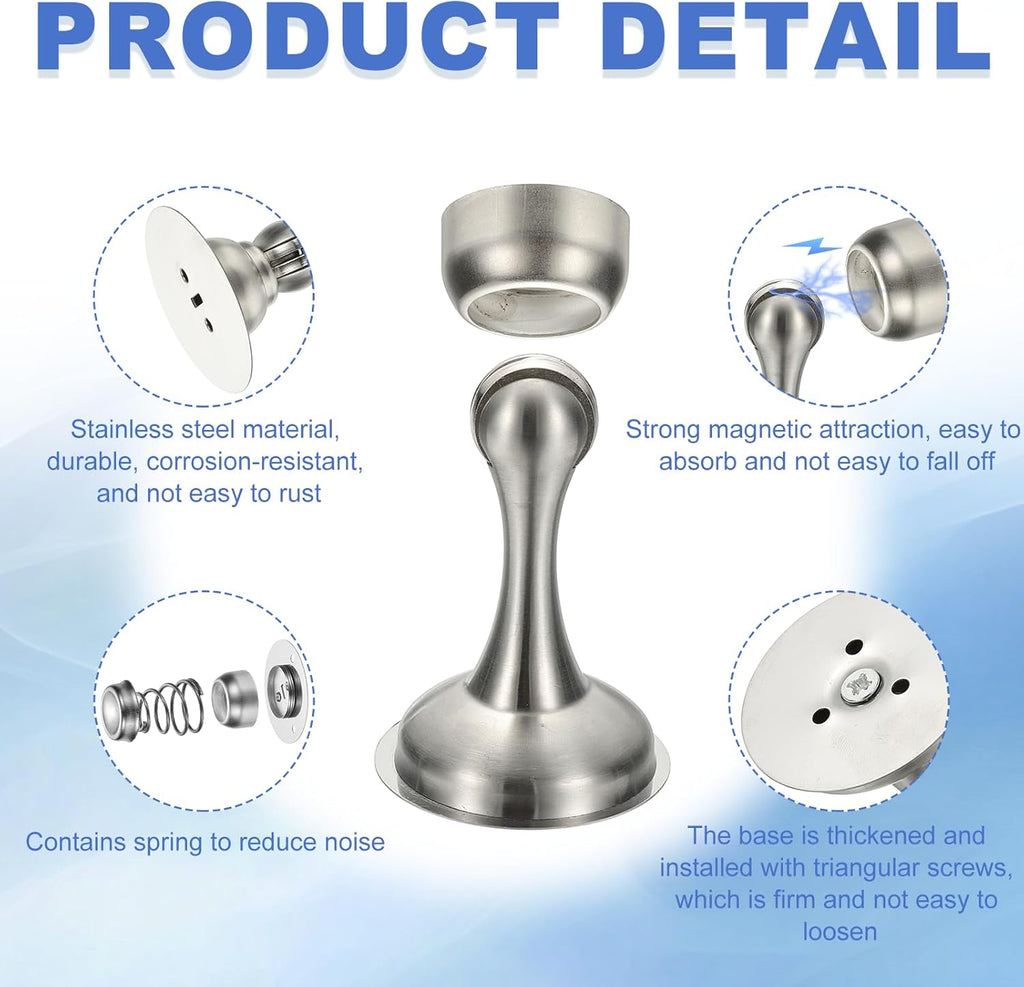 uxcell Magnetic Door Stopper, Stainless Steel Heavy Duty Door Holder, No Drilling Doors Knob Wall Protector with Self-AdhesiveTapes and Screws for Home Office Wall Floor Mounting, Silver