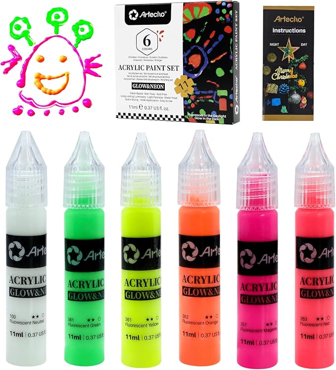 Artecho Glow in the Dark Acrylic Paint Set – 6 Colors x 11ml | Non-Toxic - Image 2
