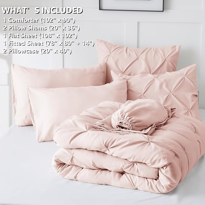 CozyLux King Size Comforter Set Peach Pink, 7 Pieces Pintuck Bed in A Bag Pink - Image 7