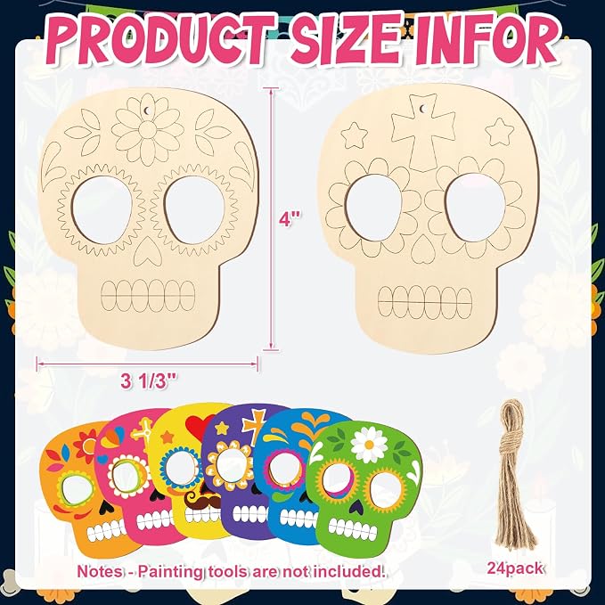 COCHIE Day of the Dead Skull Wood Crafts to Paint Set of 24, Día De Los Muertos - Image 2