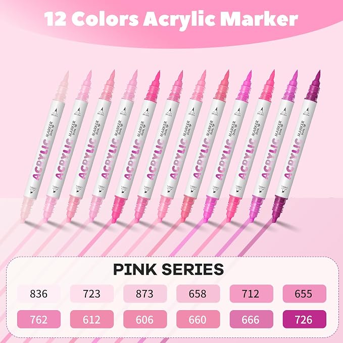 Pink Acrylic Paint Pens, Water Based 12 Colors Dual Tip Acrylic Paint Markers - Image 2