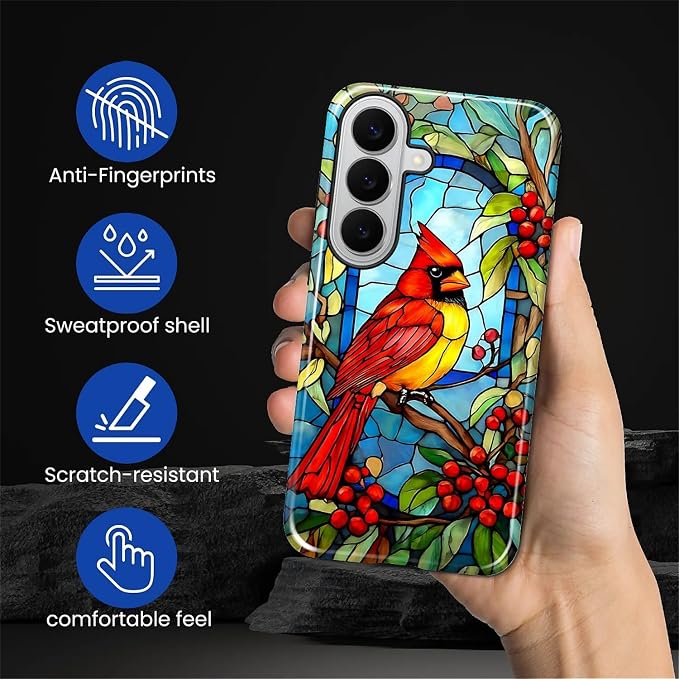 for Samsung Galaxy S26 Case, Stained Glass Cardinal Bird Pattern Glossy 2 in 1 - Image 6