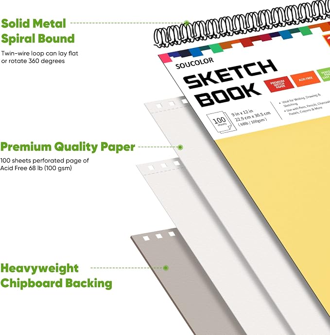 Soucolor 9x12 Spiral Sketch Book, 100 Sheets, Acid-Free Drawing Pad - Image 3