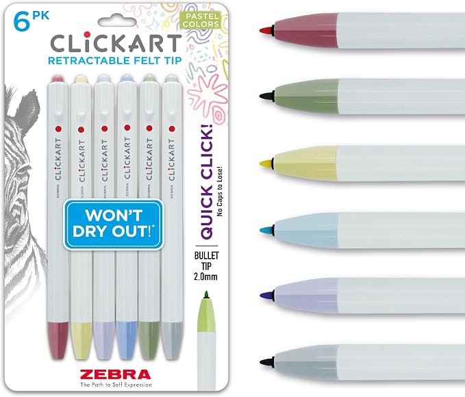 Zebra Pen CLiCKART Retractable Felt Tip Pen, Pastel Colors, 0.6mm Fine Point by ZebraPen