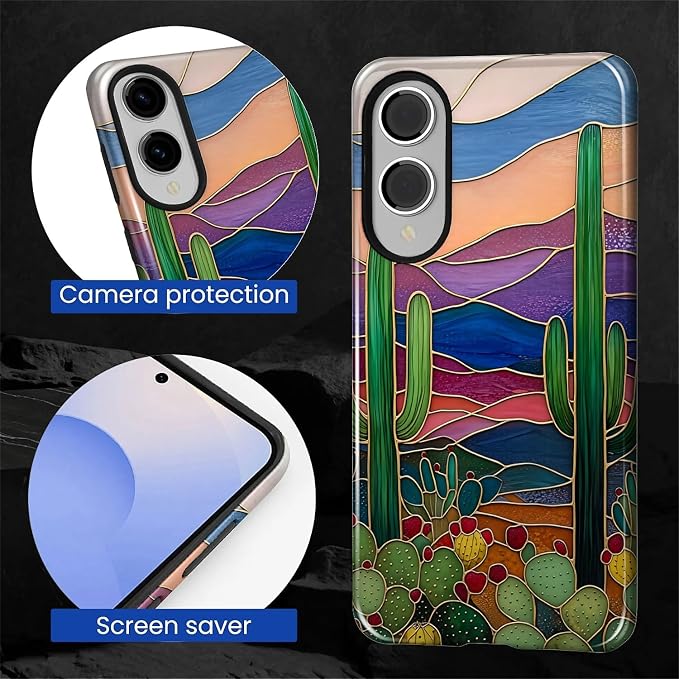 for Samsung Galaxy S25 Edge Case, Stained Glass Cactus Pattern Glossy 2 in 1 - Image 6