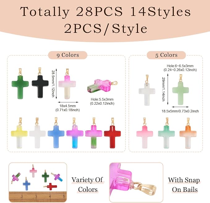 Cheriswelry 28Pcs Cross Glass Pendants Colorful Cross Religious Dangle Charms - Image 2
