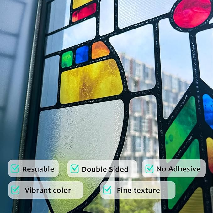 Original Hand Drawn Faux Stained Glass Window Film Double-Sided Texture Static - Image 5