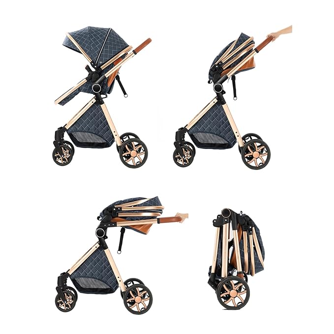 2 in 1 Baby Stroller with Bassinet Mode, Reversible Infant Pram, One-Click Folding, Newborn Travel Stroller, Convertible Toddler Standard Pram Carriage (X2US-Blue)