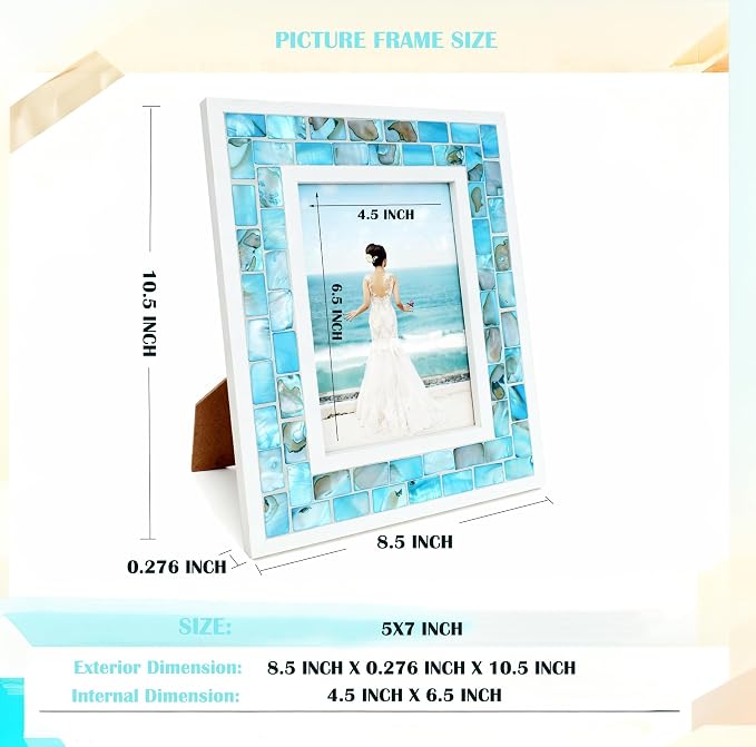 Picture Frame 5x7 Mother of Pearl Mosaic Photo Frame, Beach Tabletop or Wall - Image 3