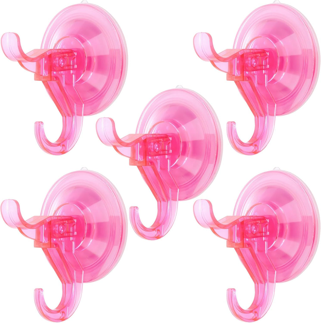 Antimbee Suction Hooks, 5 Pack Clear Hanger, Removable Small Suction Cups for Shower, Bathroom, Glass, Door, Windows, Kitchen - Up to 11 lbs on Smooth Surface - 2 Hooks Design (Transparent Pink)