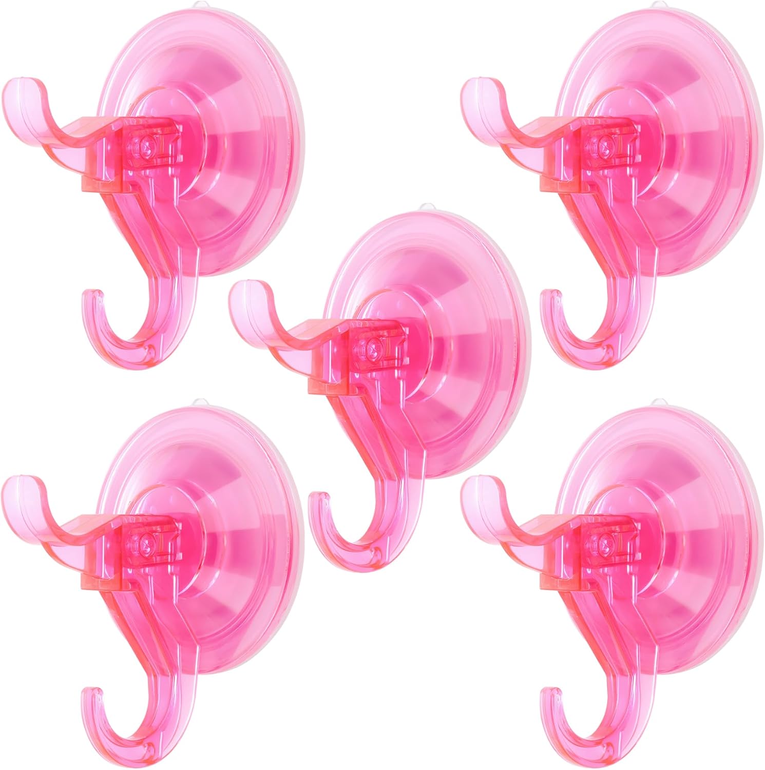 Antimbee Suction Hooks, 5 Pack Clear Hanger, Removable Small Suction Cups for Shower, Bathroom, Glass, Door, Windows, Kitchen - Up to 11 lbs on Smooth Surface - 2 Hooks Design (Transparent Pink)