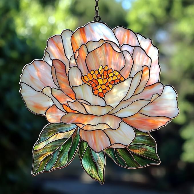 Pastel Pink Peony Acrylic Suncatcher Stained Glass Effect Window Car Hanging by AVAGAN