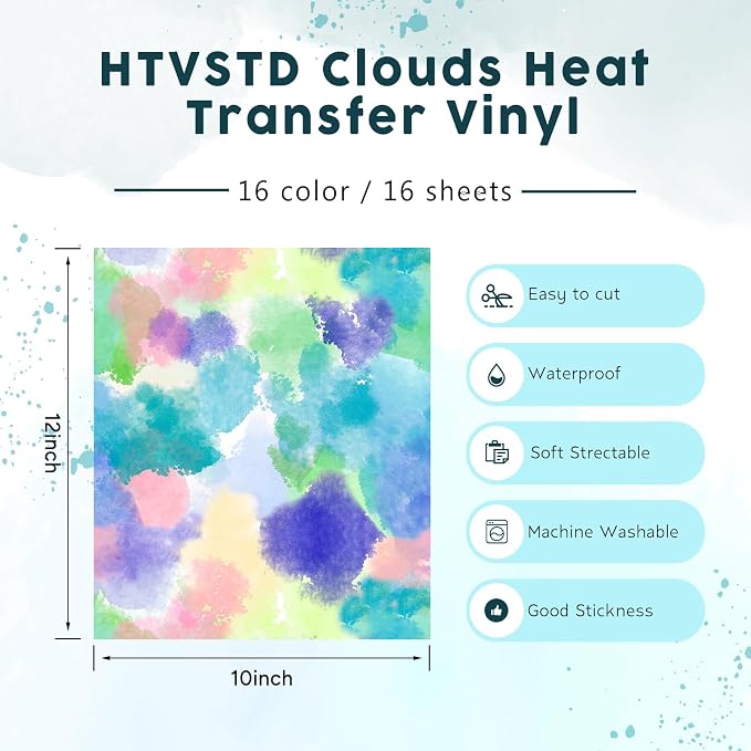 HTVSTD Tie Dye HTV Heat Transfer Vinyl 16pcs 12×10in Iron on Vinyl | Watercolor - Image 3