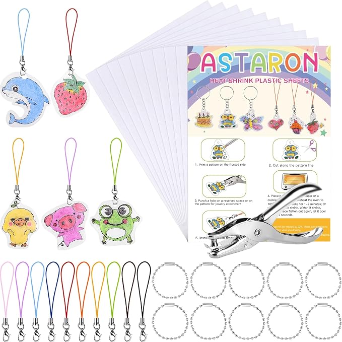 ASTARON Printable Shrinking Plastic Sheets Kit, Hole Punch and 40 Lanyards by ASTARON