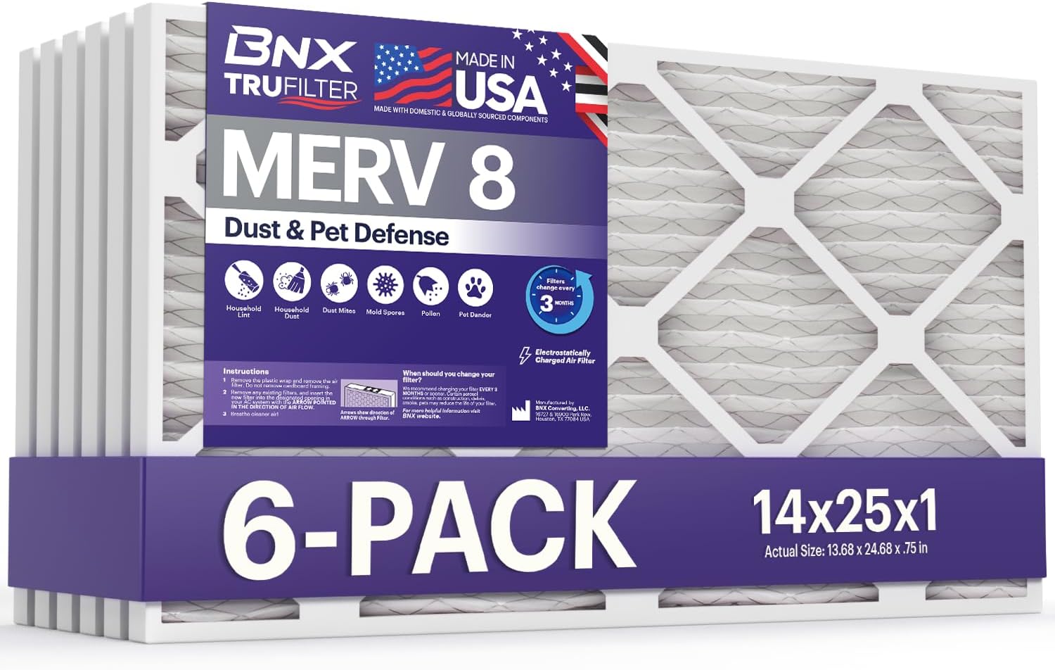 BNX TruFilter 14x25x1 Air Filter MERV 8 (6 Pack) - MADE IN USA – Dust & Pet Defense Electrostatic Pleated Air Conditioner HVAC AC Furnace Filters for Dust, Pet, Mold, Pollen MPR 600 – 700 & FPR 5