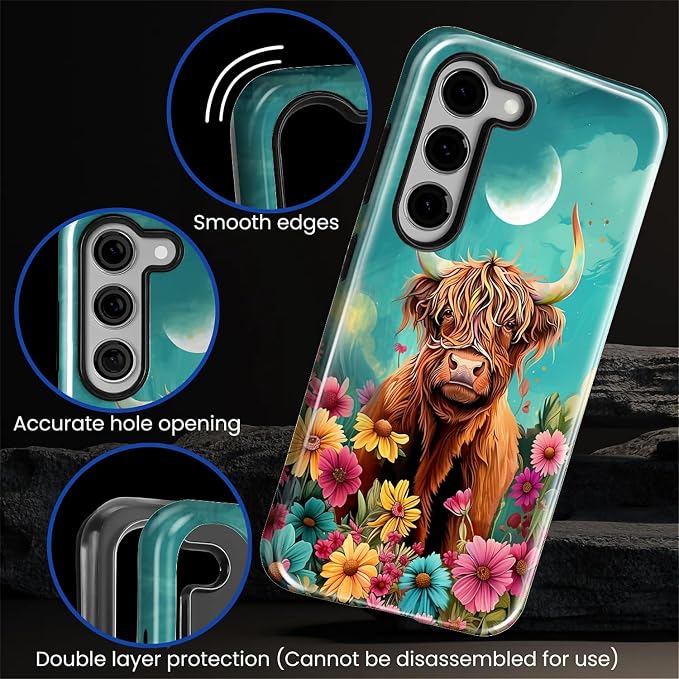 for Samsung Galaxy S23 Case, Highland Cow Flower Pattern Glossy 2 in 1 - Image 5