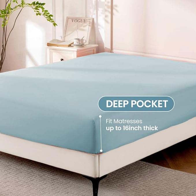 ROSE&RISY Light Blue Sheet Set, 4 Pieces Soft Bedding Queen Sheet Set, - Image 4