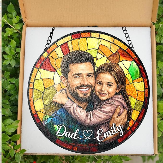 Personalized Dad Stained Glass Sun Catcher, Custom Photo Family Portrait Window - Image 3