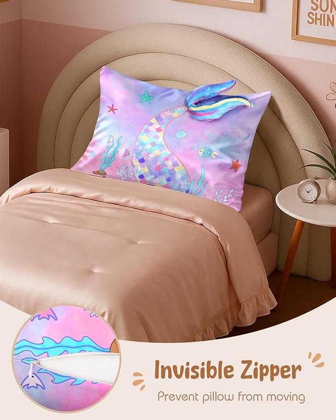Toddler Pillowcases 13"x18" for Kids - Cute Cartoon Soft Breathable Silk Pillow Cases for Hair and Skin with Hidden Zipper for Girls Fun Kawaii Design for Bedding, Fish Tail