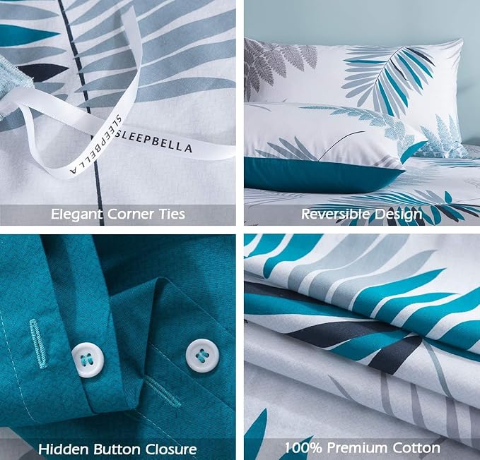 Duvet Cover Set, 600 Thread Count Cotton White Leaf Floral Pattern Print - Image 8