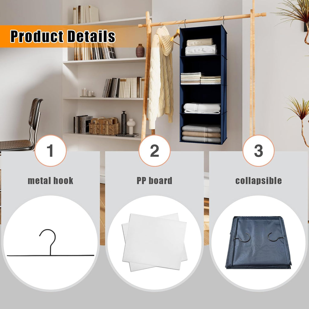 Hanging Closet Organizer - 4-Shelf, Easy Mount Foldable Wardrobe Storage Shelves for Clothes, Handbags, Shoes & Accessories - Washable Oxford Cloth Fabric, Navy Blue
