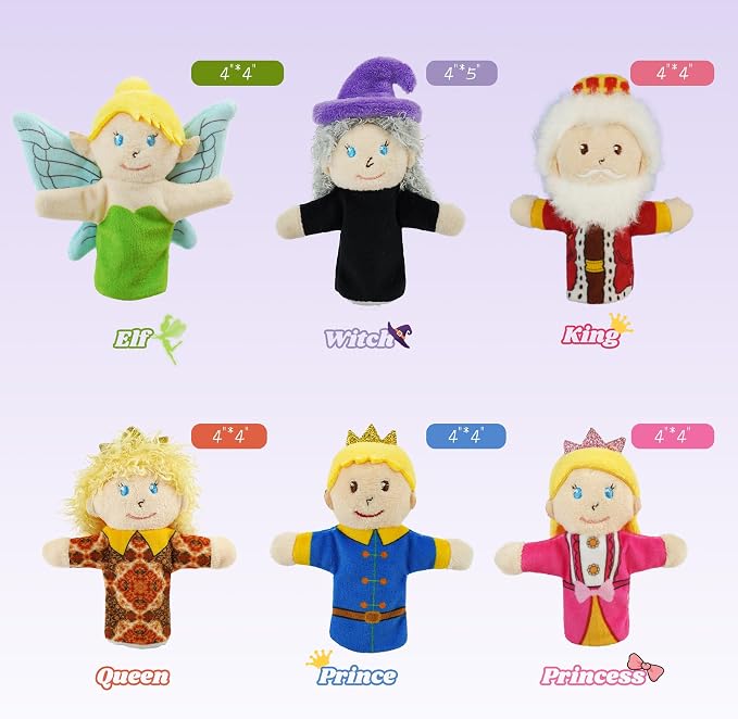 6 Pcs Fairy Tale Finger Puppets Set, 4 inch Fairy Tale Members Soft Plush Hand - Image 2