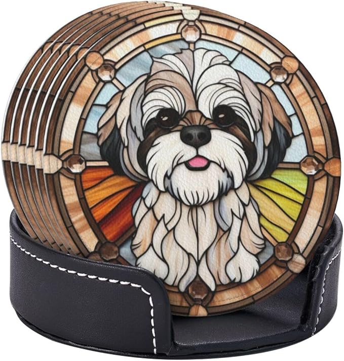 Drink Coaster Set of 6, Shih Tzu Dog Mom Lover Gift, Leather Drink Coasters - Image 2