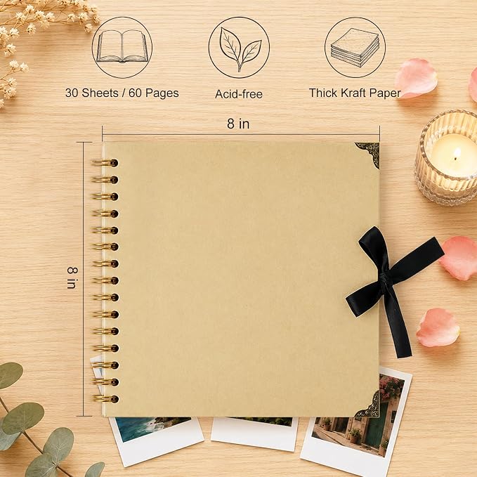 Scrapbook Album 8 Inch 30 Sheets 60 Pages, Kraft Paper Cover DIY Photo Album - Image 3
