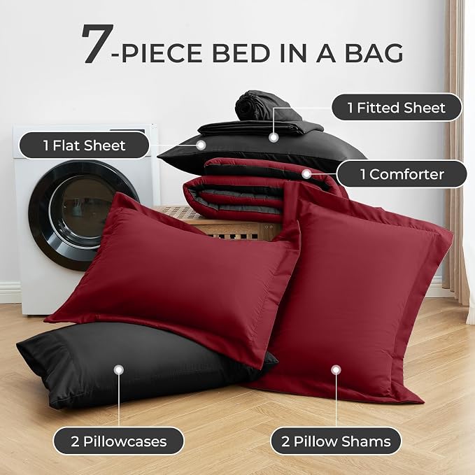 Sasttie Red & Black Full Size Comforter Sets, 7 Pieces Reversible Bed in a Bag - Image 7