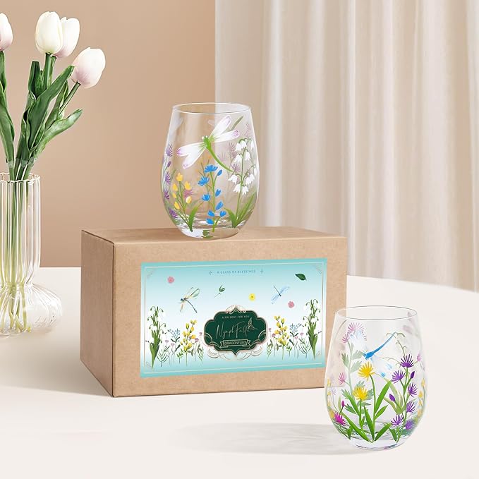 NymphFable Hand Painted Stemeless Wine Glass 18oz Set of 2 Dragonfly Flowers - Image 7