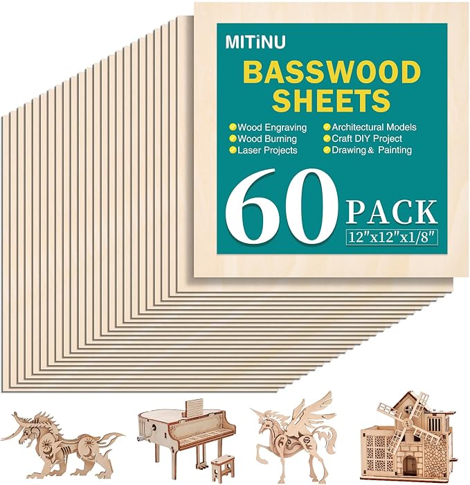 60 Pack Basswood Sheets for Crafts, Wood Burning, Architectural Models by MITINU