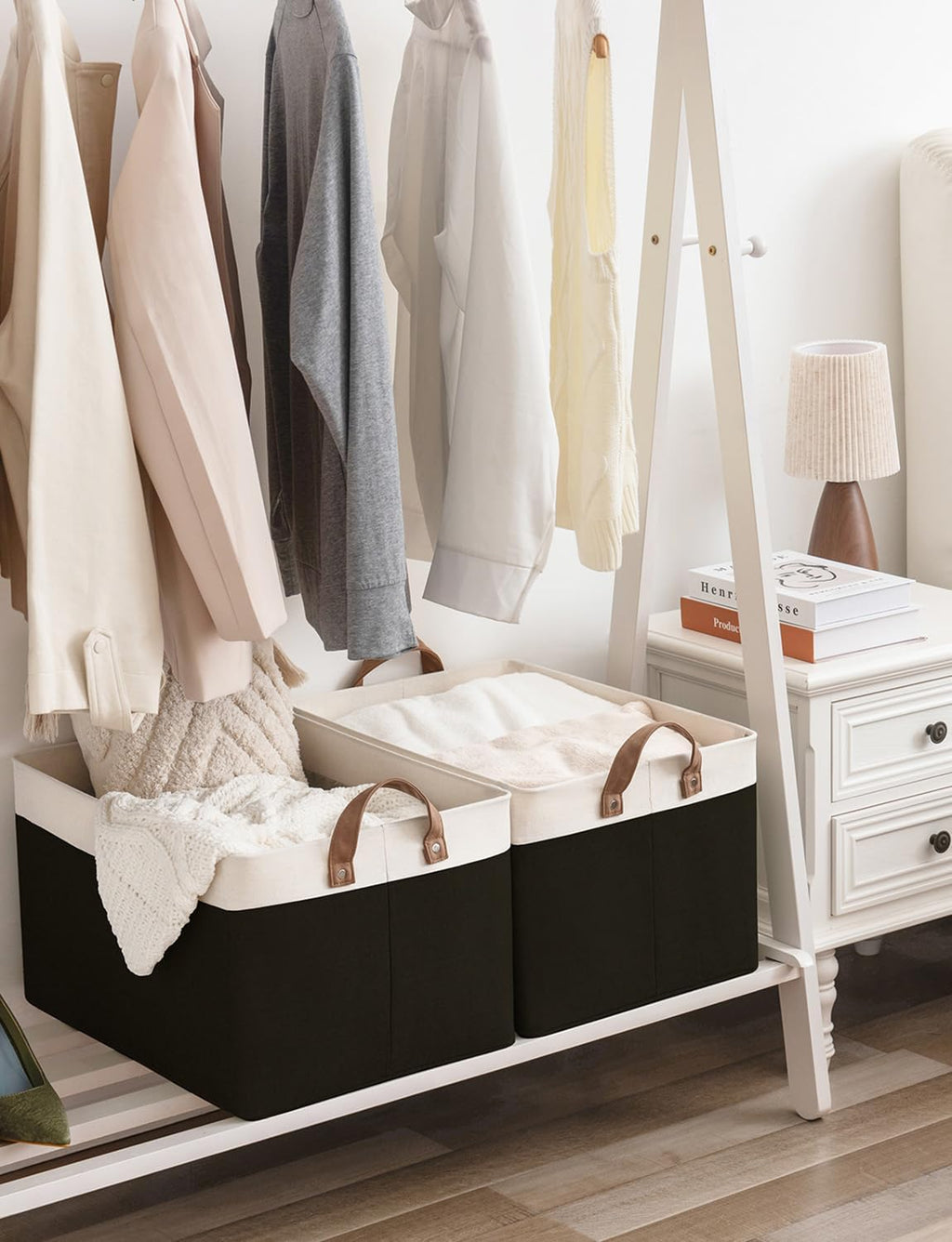 StorageWorks Storage Bins, Fabric Storage Bins for Shelves, Extra Large Storage Baskets with Metal Frame, Closet Baskets and Bins with Handles, Jumbo, Black and White, 2-Pack