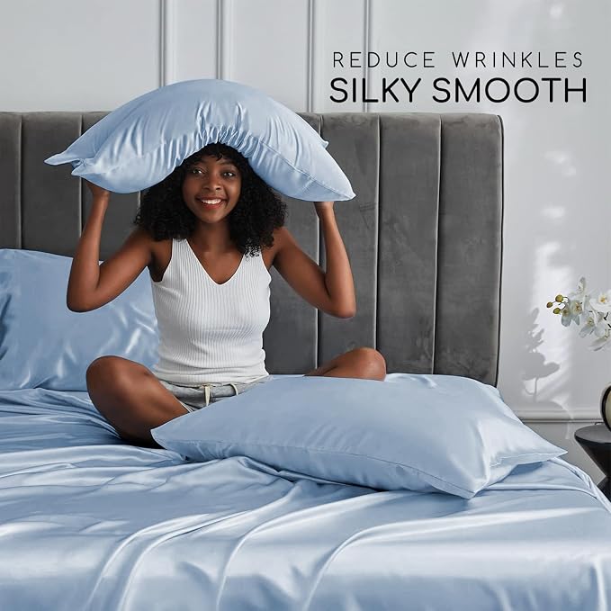 MR&HM Satin Bed Sheets with Elastic Corner Straps, Full Size Sheets Set - Image 3
