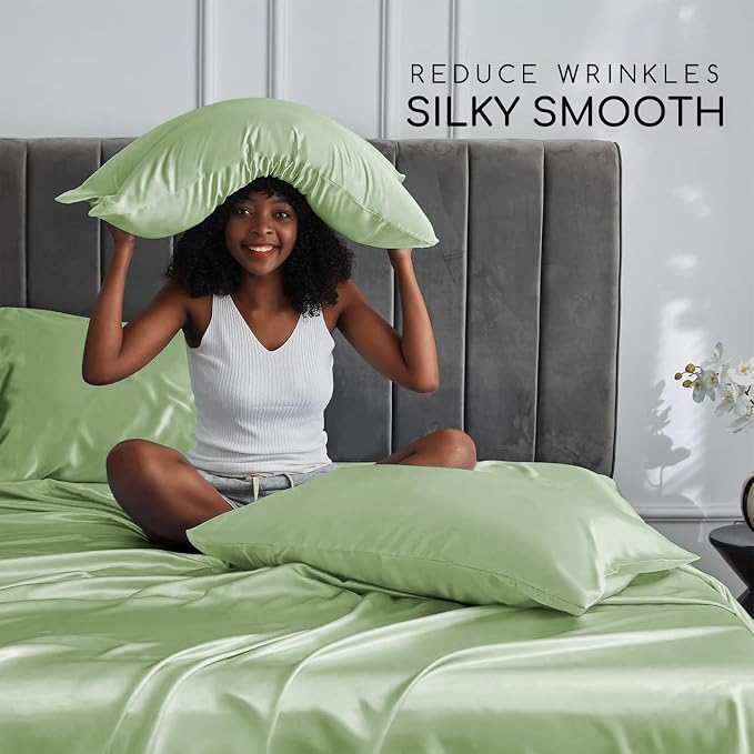 MR&HM Satin Bed Sheets with Elastic Corner Straps, Queen Size Sheets Set - Image 3