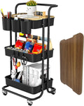 3 Tier Rolling Cart with Metal Handle, Table Top, Hanging Cups, Hooks, Plastic Storage Baskets& Wheels Lockable, Utility Cart for Bathroom Classroom Office Kitchen Pantry Organizers and Storage, Black
